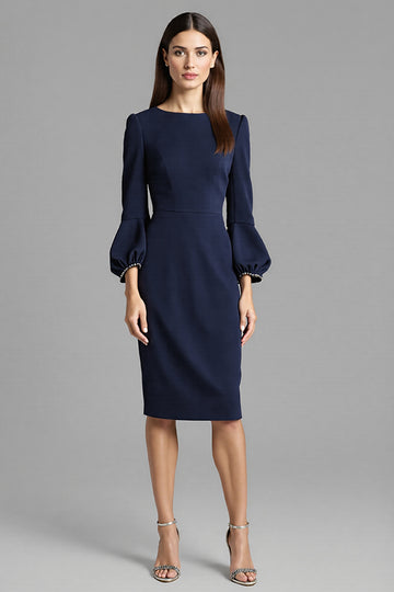 Navy Sheath 3/4 Sleeve Midi Dress